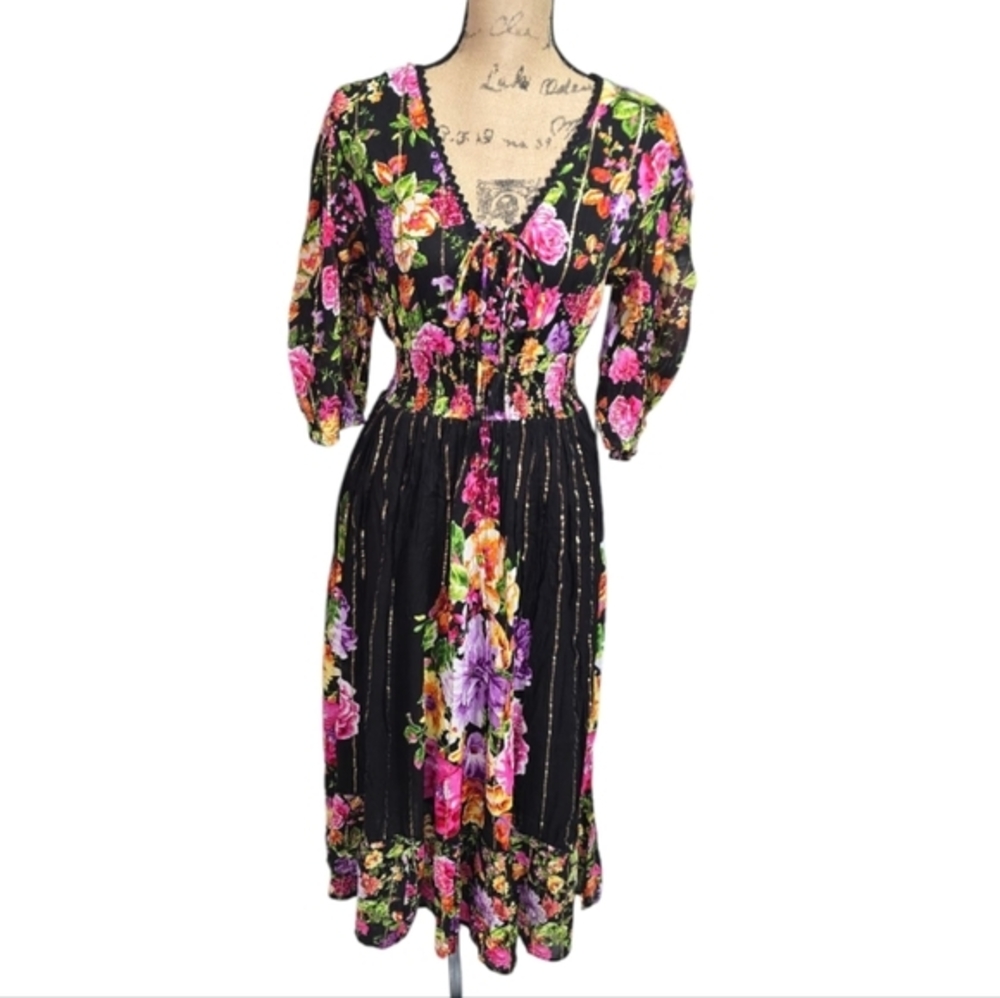 Anthropologie X Magic Me Floral Victorian Renaissance Black Midi Peasant Dress